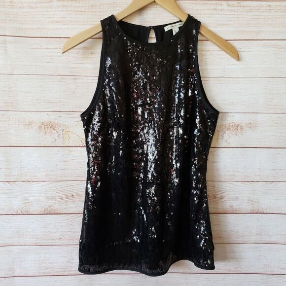 Banana Republic Sequin Round Neck Sleeveless Tank Top Women's Size 0 Black - Picture 1 of 6